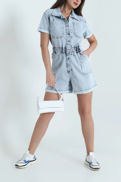 Mavi Beli Lastikli Şort Salopet Tulum 466989