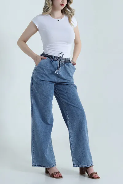 Mavi Beli Lastikli Tensel Kot Kadın Pantolon 456996