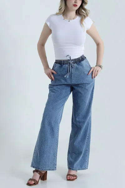 Mavi Beli Lastikli Tensel Kot Kadın Pantolon 456996