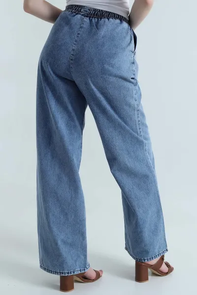 Mavi Beli Lastikli Tensel Kot Kadın Pantolon 456996