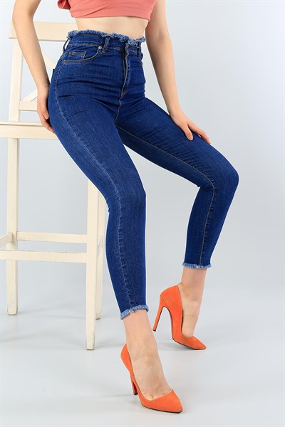 Mavi Beli ve Paçası Püsküllü Likralı Bayan Kot Pantolon 39782