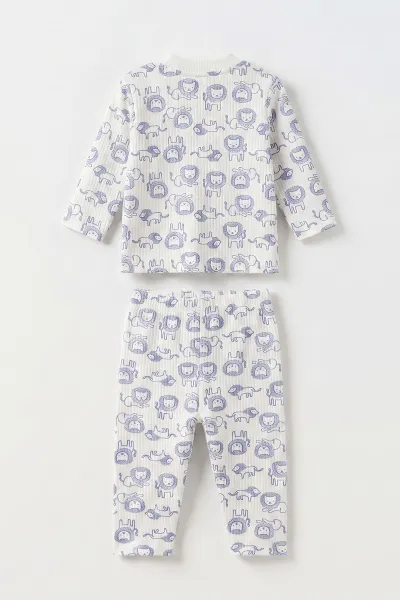 Mavi Beyaz  (1-3 Yaş) Aslan Desenli Raporlu Çocuk Pijama Takım 477334