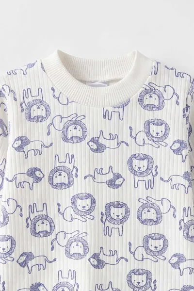 Mavi Beyaz  (1-3 Yaş) Aslan Desenli Raporlu Çocuk Pijama Takım 477334