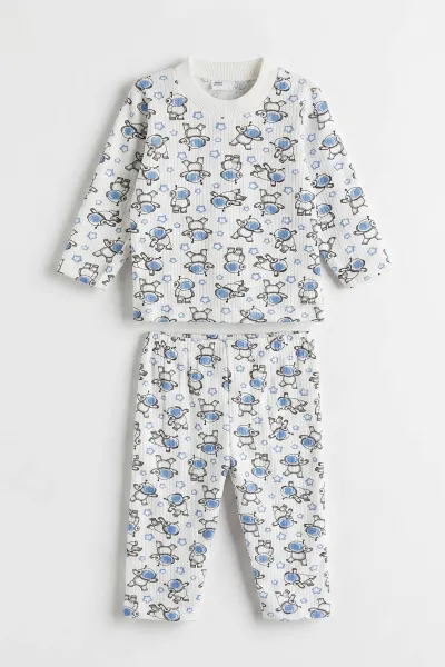 Mavi Beyaz  (1-3 Yaş) Astronot Desenli Raporlu Çocuk Pijama Takım 477345