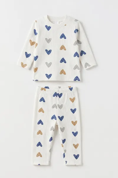 Mavi Beyaz (1-3 Yaş) Kalp Desenli Raporlu Kız  Çocuk Pijama Takım 477276