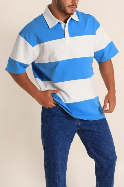 Mavi Beyaz Geniş Çizgili Oversize İki İp Polo Yaka Erkek Tişört 268910