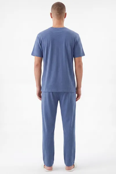 Mavi Bisiklet Yaka Yazı Detaylı Erkek Kısa Kollu Pijama Takımı 459142