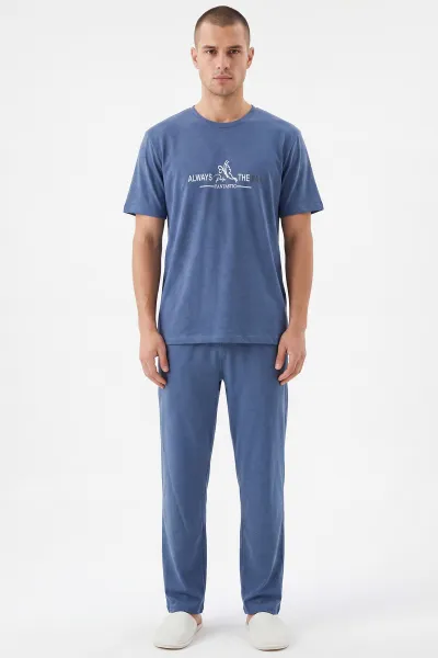 Mavi Bisiklet Yaka Yazı Detaylı Erkek Kısa Kollu Pijama Takımı 459142