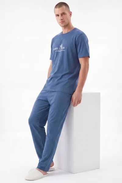 Mavi Bisiklet Yaka Yazı Detaylı Erkek Kısa Kollu Pijama Takımı 459142