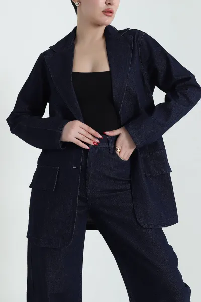 Mavi Blazer Ceket Pantolon Kadın Kot İkili Takım 436009