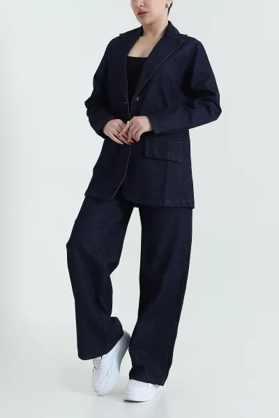 Mavi Blazer Ceket Pantolon Kadın Kot İkili Takım 436009