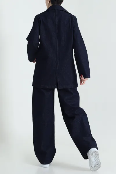 Mavi Blazer Ceket Pantolon Kadın Kot İkili Takım 436009