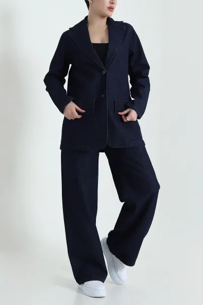 Mavi Blazer Ceket Pantolon Kadın Kot İkili Takım 436009