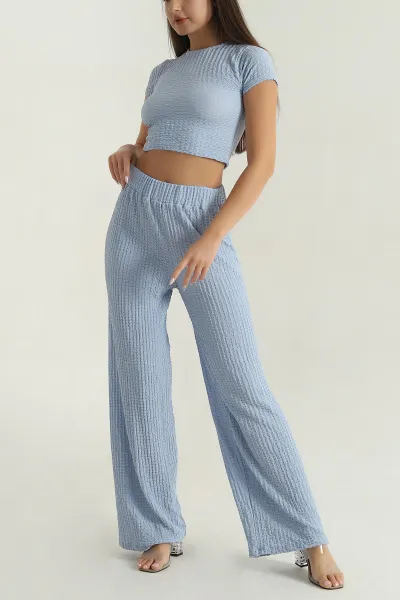 Mavi Bluz Pantolon Gofre Kadın İkili Takım 377537