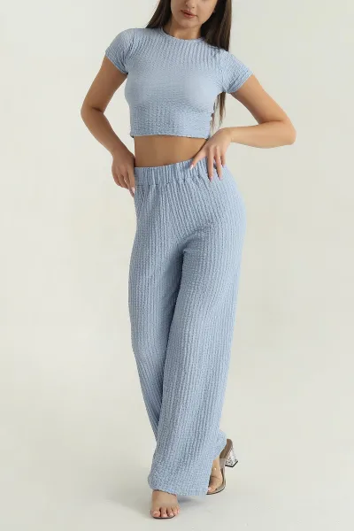 Mavi Bluz Pantolon Gofre Kadın İkili Takım 377537