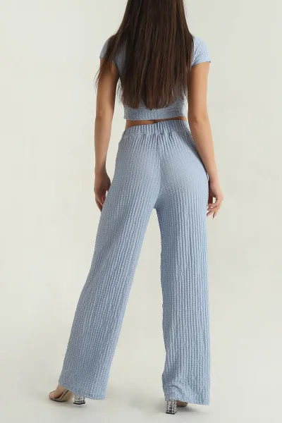 Mavi Bluz Pantolon Gofre Kadın İkili Takım 377537