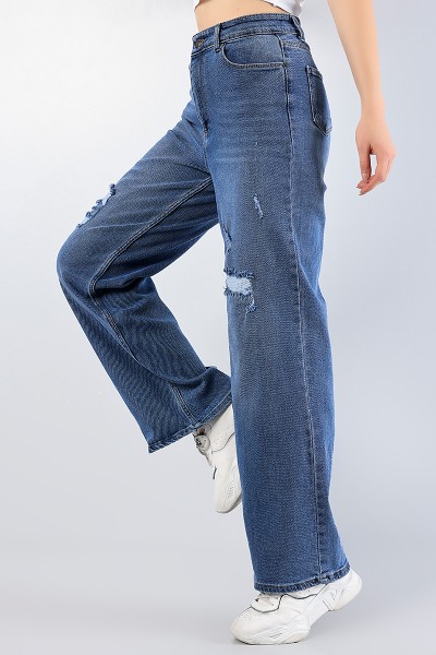 Mavi Bol Paça Yırtık Bayan Kot Pantolon 80573