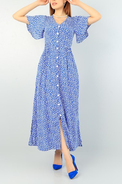 Mavi Boydan Düğmeli Bağlamalı Dokuma Elbise 69037