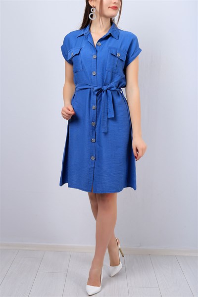 Mavi Boydan Düğmeli Bayan Kemerli Elbise 12561B