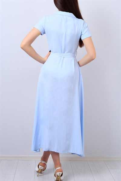 Mavi Boydan Düğmeli Kemerli Bayan Elbise 14176B