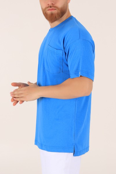 Mavi Cep Detaylı Yandan Yırtmaçlı Oversize Tişört 165217