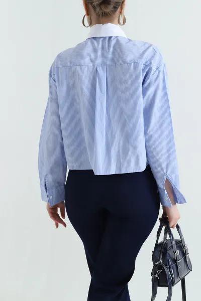 Mavi Cepli Çizgili Poplin Kadın Gömlek 434239