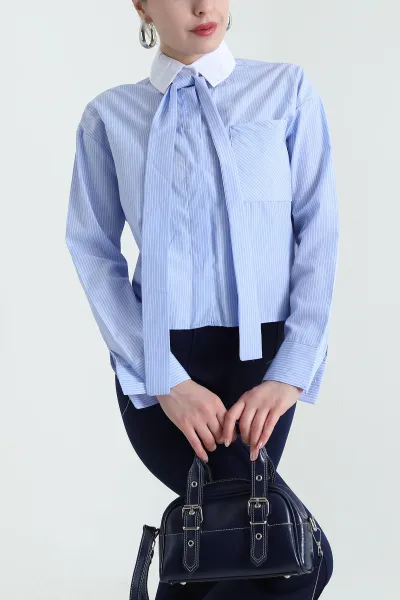 Mavi Cepli Çizgili Poplin Kadın Gömlek 434239