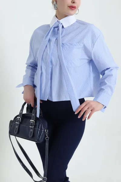 Mavi Cepli Çizgili Poplin Kadın Gömlek 434239