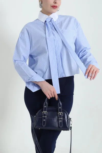 Mavi Cepli Çizgili Poplin Kadın Gömlek 434239