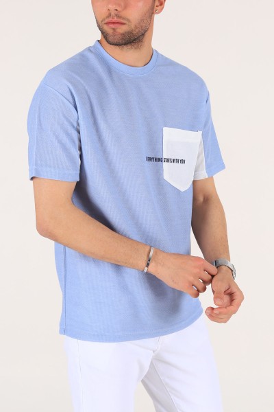 Mavi Cepli Dokulu Oversize Erkek Tişört 177455