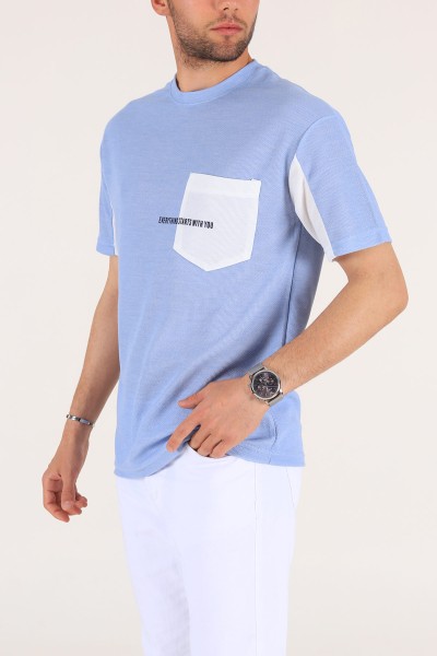 Mavi Cepli Dokulu Oversize Erkek Tişört 177455