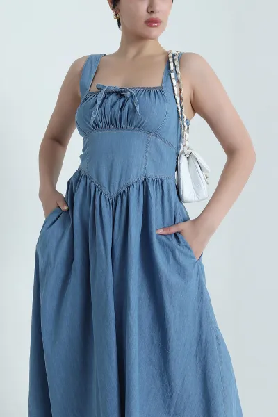 Mavi Cepli Fermuarlı Gipeli Denim Kadın Elbise 470864