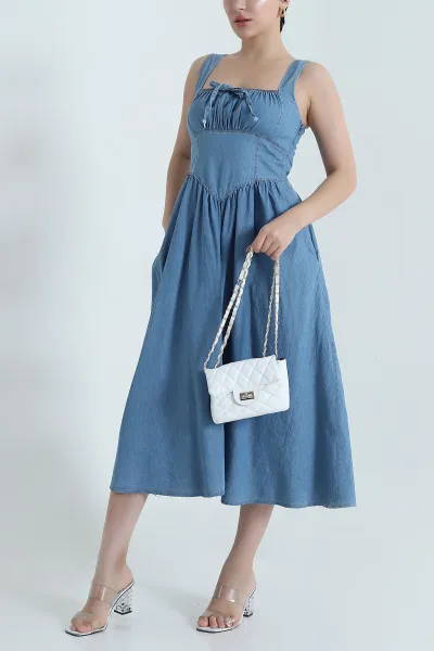 Mavi Cepli Fermuarlı Gipeli Denim Kadın Elbise 470864