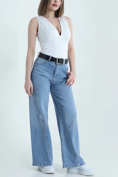Mavi Cepli Kemerli Baggy Kadın Kot Pantolon 439850