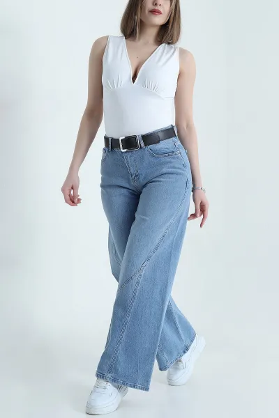 Mavi Cepli Kemerli Baggy Kadın Kot Pantolon 439850