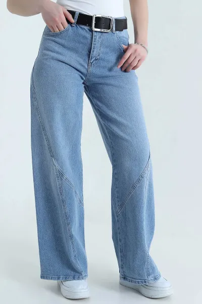 Mavi Cepli Kemerli Baggy Kadın Kot Pantolon 439850