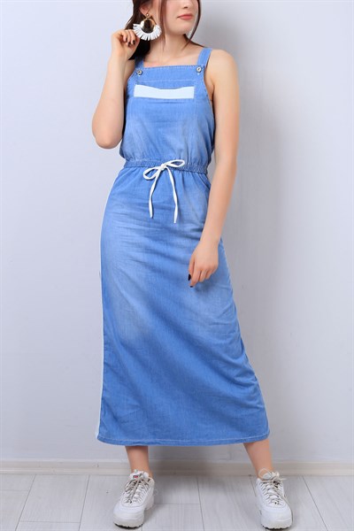 Mavi Cepli Şerit Detay Bayan Elbise 14190B