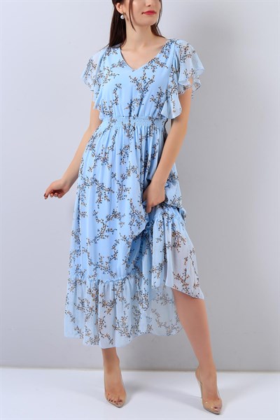 Mavi Çiçek Desenli Bayan Şifon Elbise 15792B