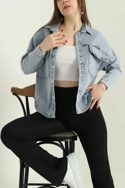 Mavi Çift Cep Bayan Kot Ceket 336766