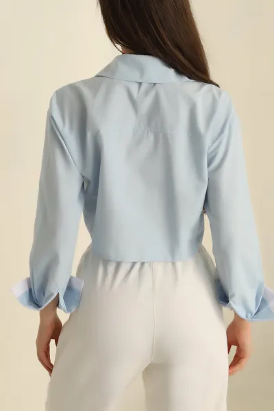 Mavi Çift Cepli Poplin Crop Gömlek 259796