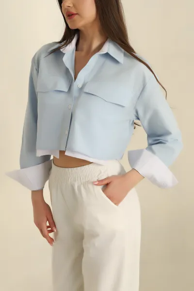 Mavi Çift Cepli Poplin Crop Gömlek 259796