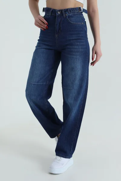 Mavi Çift Tokalı Baggy Kadın Kot Pantolon 427836