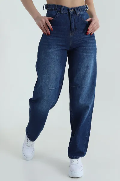 Mavi Çift Tokalı Baggy Kadın Kot Pantolon 427836