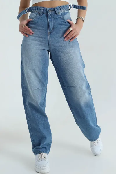 Mavi Çift Tokalı Cepli Baggy Kadın Kot Pantolon 402280