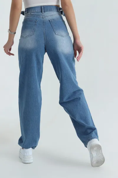 Mavi Çift Tokalı Cepli Baggy Kadın Kot Pantolon 402280