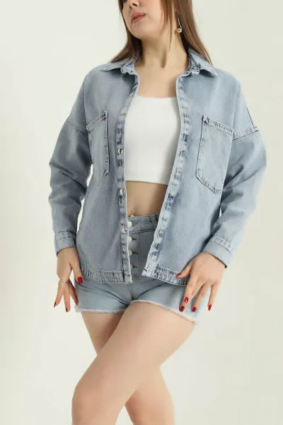 Mavi Çıt Çıtlı Çift Cep Bayan Kot Ceket 336763