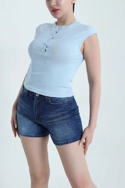 Mavi Çıtçıtlı Kolsuz Kadın Bluz 462323