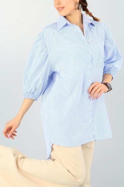 Mavi Çizgi Tasarımlı Cepli Bayan Gömlek 59918