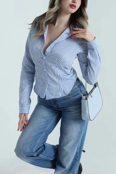Mavi Çizgili Dokuma Kadın Gömlek 498831