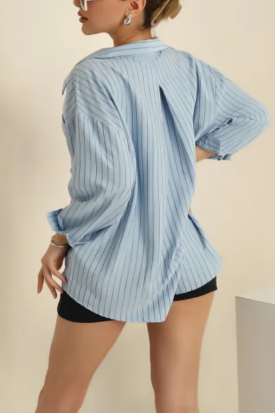 Mavi Çizgili Dokuma Oversize Bayan Gömlek 269891